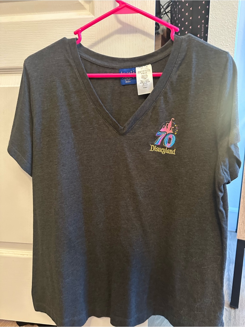 Disney Disneyland 70th Logo Charcoal V-Neck Tee with Pink, Blue, Gold Embroidery